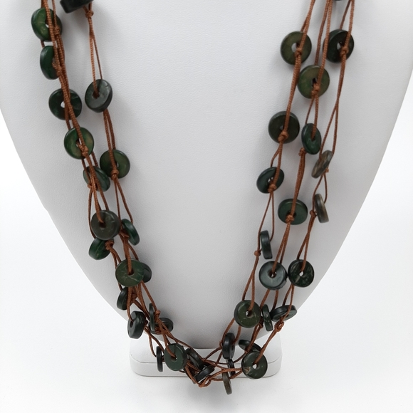 Cord and Stone Statement Necklace Brown and Green - Picture 3 of 9